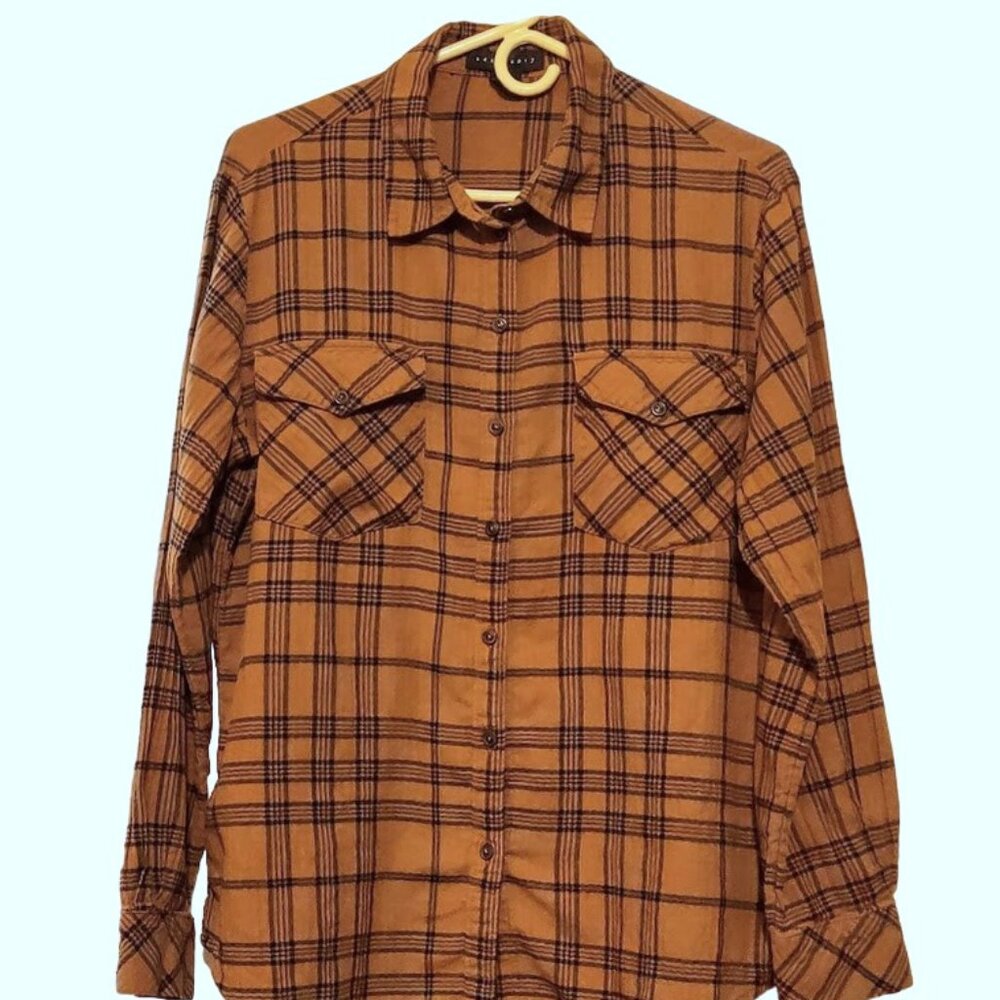 LIKE NEW BEAUTIFUL WOMEN CHESTNUT BROWN SANCTUARY BUTTON DOWN PLAID SHIRT SZ M